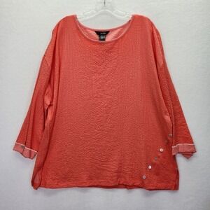 Ali Miles Top Womens 2X Plus Coral Textured Button Accent 3/4 Sleeve Casual Work